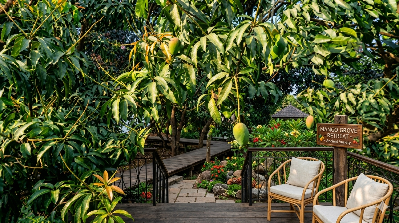 রোঘরিয়া আমবাগানের সবুজ প্রকৃতি ও আমে ভরা গাছের মনোরম দৃশ্য